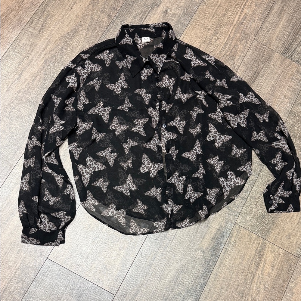 Sheer Black Butterfly-Print Button-Up Blouse